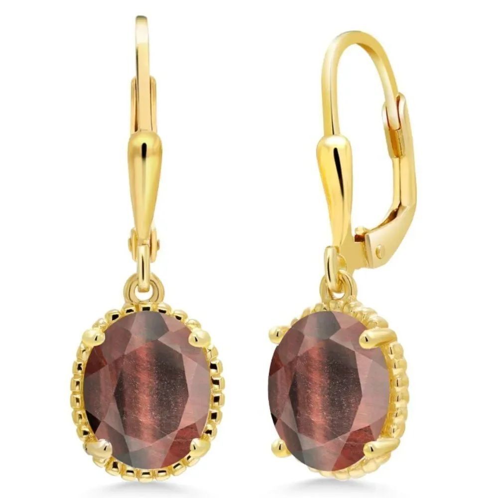 18K Yellow Gold 925 with 3.00 Cttw Red Tiger Eye Oval Leverback Hook Earrings